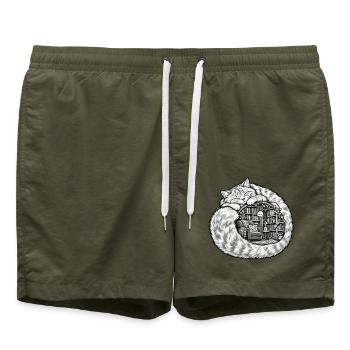 Schlafende Katze mit einer gemütlichen Bibliothek - Badeshorts - Olive - Vorne - AI Model Male 185 light (185cm)