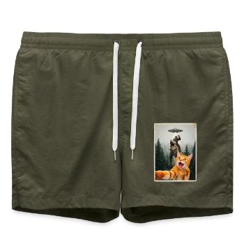 Rote Katze Selfie mit Waldmensch, Dino und UFO - Badeshorts - Olive - Vorne - AI Model Male 185 light (185cm)