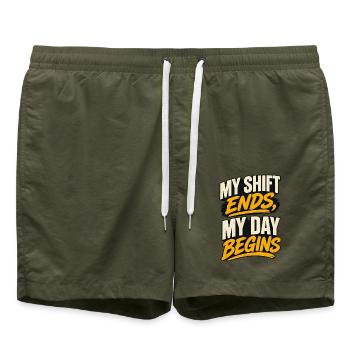 Shift Ends, Day Begins - Badeshorts - Olive - Vorne - AI Model Male 185 light (185cm)