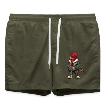 Hahn mit grüner Winterjacke und roter Mütze - Badeshorts - Olive - Vorne - AI Model Male 185 light (185cm)