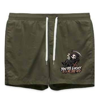Niedlicher Sensenmann schwarzer Humor - Badeshorts - Olive - Vorne - AI Model Male 185 light (185cm)