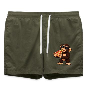 Schimpanse mit Pizza Cool Cartoon - Badeshorts - Olive - Vorne - AI Model Male 185 light (185cm)