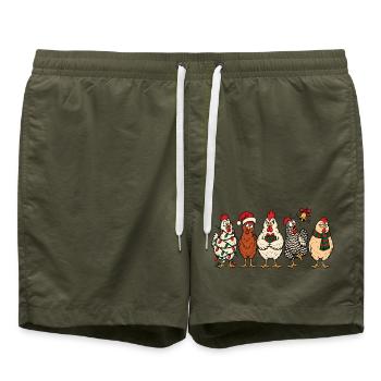 Christmas Chickens – Lustiger festlicher Comic - Badeshorts - Olive - Vorne - AI Model Male 185 light (185cm)