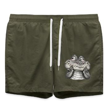 Schüchternes Krokodil mit einem schelmischen Lächeln – Zeichnung - Badeshorts - Olive - Vorne - AI Model Male 185 light (185cm)
