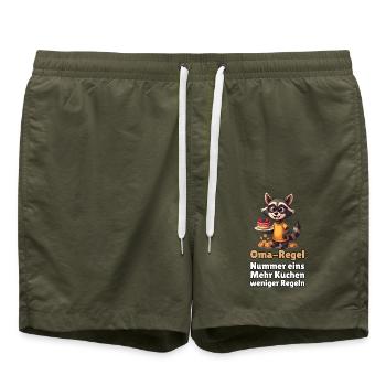 Oma-Regel Nr. 1: Mehr Kuchen, weniger Regeln - Badeshorts - Olive - Vorne - AI Model Male 185 light (185cm)