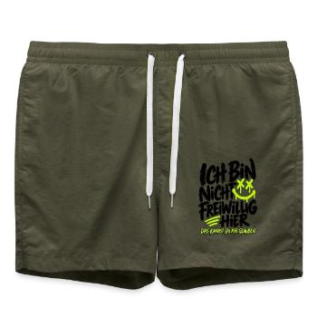 Ich bin nicht freiwillig hier – Lustiger Spruch - Badeshorts - Olive - Vorne - AI Model Male 185 light (185cm)