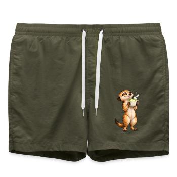 Erdmännchen mit Matcha Latte – Süße Teepause - Badeshorts - Olive - Vorne - AI Model Male 185 light (185cm)