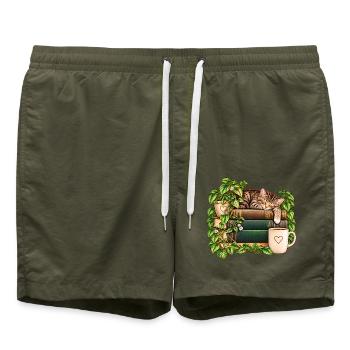 Katzenruhe auf Bücherstapel - Badeshorts - Olive - Vorne - AI Model Male 185 light (185cm)