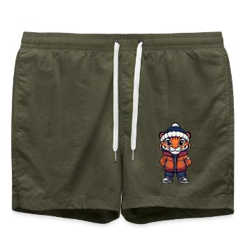 Tiger mit Winterjacke und Mütze - Badeshorts - Olive - Vorne - AI Model Male 185 light (185cm)