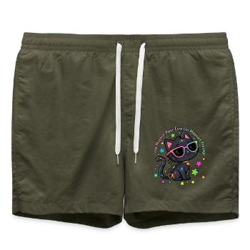 Black Cat Rainbow Chic Lustig - Badeshorts - Olive - Vorne - AI Model Male 185 light (185cm)