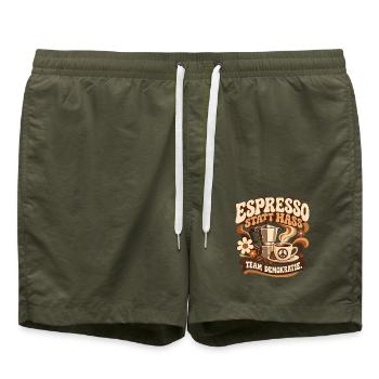 Espresso statt Hass – Team Demokratie Büro - Badeshorts - Olive - Vorne - AI Model Male 185 light (185cm)