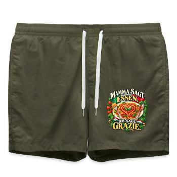 Mamma sagt Essen. Ich sage Grazie. - Badeshorts - Olive - Vorne - AI Model Male 185 light (185cm)