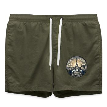 Paris, Frankreich Reiseabzeichen Eiffelturm-Souvenir - Badeshorts - Olive - Vorne - AI Model Male 185 light (185cm)