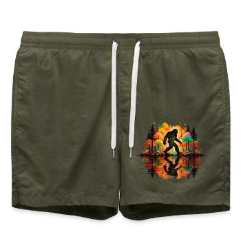 Bigfoot, Wald, Wandern, Camping, Bäume, Wanderer - Badeshorts - Olive - Vorne - AI Model Male 185 light (185cm)
