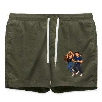 Swinging-Dance-Paar-Illustration - Badeshorts - Olive - Vorne - AI Model Male 185 light (185cm)