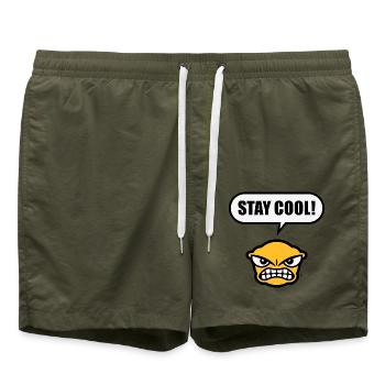 Stay Cool! (Ruhe Bewahren! / Lustig / POS 3C Gold) - Badeshorts - Olive - Vorne - AI Model Male 185 light (185cm)