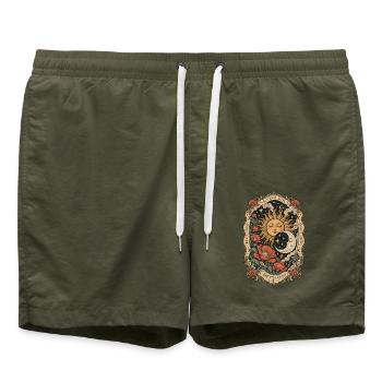 Slower Days – Mystische Sonne & Mond - Badeshorts - Olive - Vorne - AI Model Male 185 light (185cm)