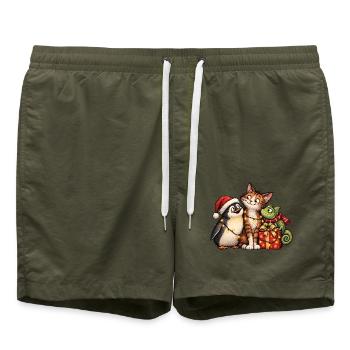 Weihnachts-Pinguin-Katze und Chamäleon-Freunde - Badeshorts - Olive - Vorne - AI Model Male 185 light (185cm)