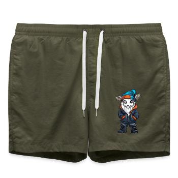 Ziege mit Winterjacke und Mütze - Badeshorts - Olive - Vorne - AI Model Male 185 light (185cm)