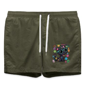 Regenbogen-Astronomen-Katzen-Humor - Badeshorts - Olive - Vorne - AI Model Male 185 light (185cm)