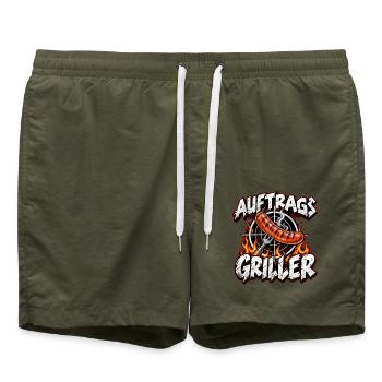 Auftrags Griller: Feuer & Wurst - Badeshorts - Olive - Vorne - AI Model Male 185 light (185cm)