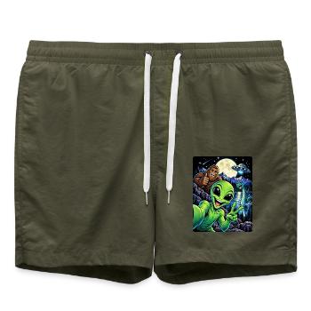 Bigfoot Alien UFO Loch Ness Weltraum Szene Kryptid - Badeshorts - Olive - Vorne - AI Model Male 185 light (185cm)