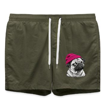 Pug im Pink Beanie - Badeshorts - Olive - Vorne - AI Model Male 185 light (185cm)