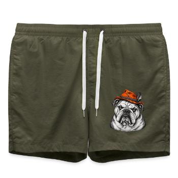Bulldog im Orange Hut – Retro Flair - Badeshorts - Olive - Vorne - AI Model Male 185 light (185cm)