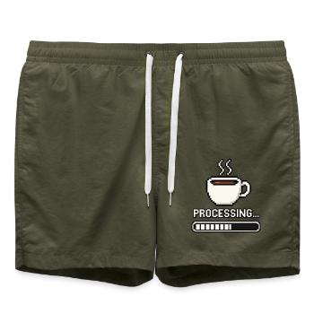 Kaffee Processing – Pixel Art Gamer Kaffee Humor - Badeshorts - Olive - Vorne - AI Model Male 185 light (185cm)