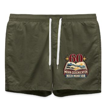 60 Geburtstag – Mehr Geschichten, noch mehr vor - Badeshorts - Olive - Vorne - AI Model Male 185 light (185cm)