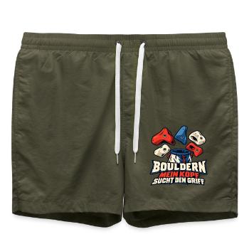 Bouldern – Mein Kopf sucht den Griff - Badeshorts - Olive - Vorne - AI Model Male 185 light (185cm)