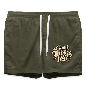 Good Things Take Time – Vintage Typografie - Badeshorts - Olive - Vorne - AI Model Male 185 light (185cm)