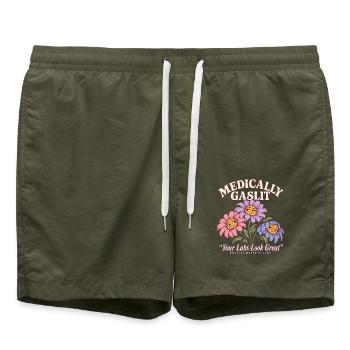 Medically Gaslit Blumen Medical Mystery Club Humor - Badeshorts - Olive - Vorne - AI Model Male 185 light (185cm)