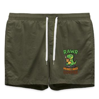 Rawr bedeutet, ich brauche Kaffee – Dino - Badeshorts - Olive - Vorne - AI Model Male 185 light (185cm)