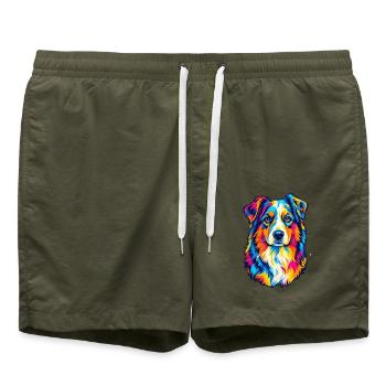 Bunter Australian Shepherd – Pop-Art-Aussie-Hund - Badeshorts - Olive - Vorne - AI Model Male 185 light (185cm)