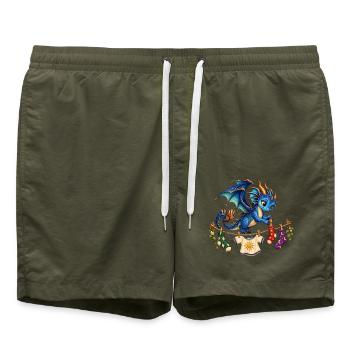 Blauer Drache hängt bunte Wäsche auf - Badeshorts - Olive - Vorne - AI Model Male 185 light (185cm)
