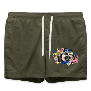 Retro Kamera Collage Popfarben - Badeshorts - Olive - Vorne - AI Model Male 185 light (185cm)