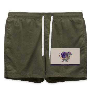 Kosmosrose: Nebelblütenstrauß - Badeshorts - Olive - Vorne - AI Model Male 185 light (185cm)