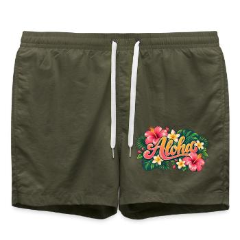 Aloha Tropenblüten - Badeshorts - Olive - Vorne - AI Model Male 185 light (185cm)