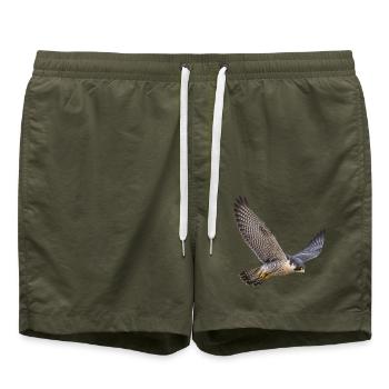 Wanderfalke im Flug – Falke mit gemusterter Brust - Badeshorts - Olive - Vorne - AI Model Male 185 light (185cm)