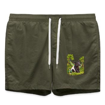 Kleiner Tapir am bunten Hängemattenlager - Badeshorts - Olive - Vorne - AI Model Male 185 light (185cm)
