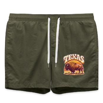 Texas-Bison im Retro Sonnenuntergang - Badeshorts - Olive - Vorne - AI Model Male 185 light (185cm)