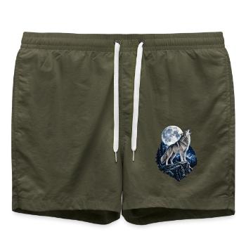 Wolf heult vor dem Mond Mondlicht Wolf wilde Tiere - Badeshorts - Olive - Vorne - AI Model Male 185 light (185cm)