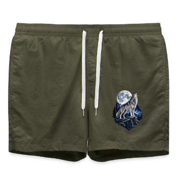 Wolf heult vor dem Mond Mondlicht Wolf wilde Tiere - Badeshorts - Olive - Vorne - AI Model Male 185 light (185cm)