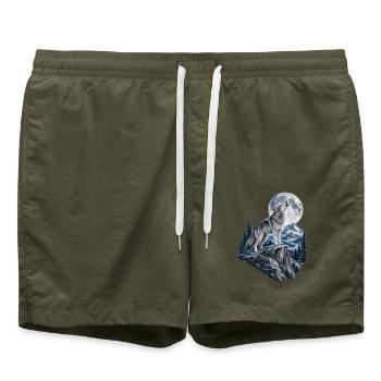 Wolf heult vor dem Mond Mondlicht Wolf wilde Tiere - Badeshorts - Olive - Vorne - AI Model Male 185 light (185cm)