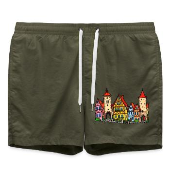 Rothenburg Skyline im bunten Wachsmalstil - Badeshorts - Olive - Vorne - AI Model Male 185 light (185cm)