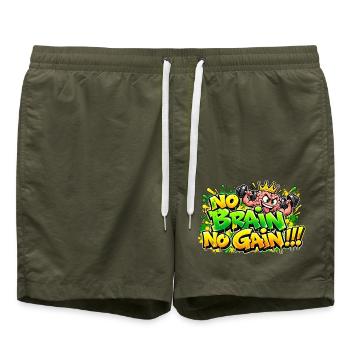 KEIN GEHIRN, KEIN FORTSCHRITT – Kultgraffiti! - Badeshorts - Olive - Vorne - AI Model Male 185 light (185cm)