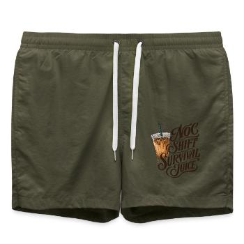 NOC Shift Survival Juice Typografie Iced Coffee - Badeshorts - Olive - Vorne - AI Model Male 185 light (185cm)