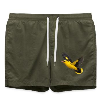 Pirol im Flug – gelber Vogel mit dunklen Flügeln - Badeshorts - Olive - Vorne - AI Model Male 185 light (185cm)