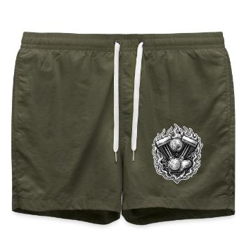V2 Motor Flammen Vintage Kupferstich Biker Shirt - Badeshorts - Olive - Vorne - AI Model Male 185 light (185cm)